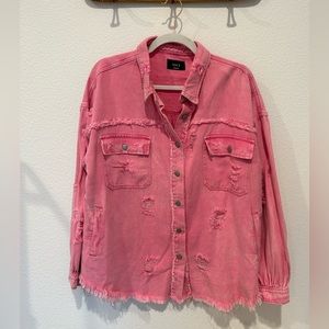 Oversized Bright Pink Distressed Jean Jacket // Vici Collection